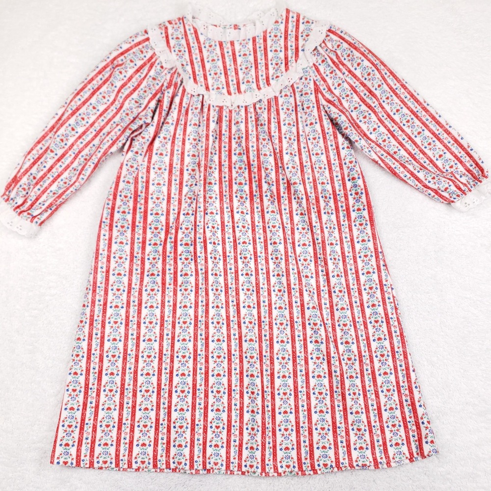 VTG Lanz of Salzburg Girls Floral Heart Stripe Fleece Nightgown 5T Eyelet